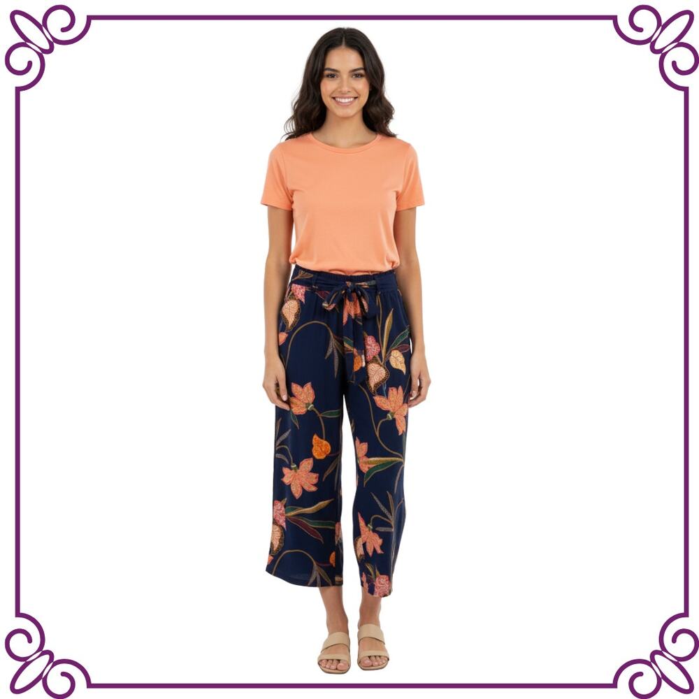 LOFT Floral Blue Orange Red Lightweight Wide Leg Capri Pants Petites XSP